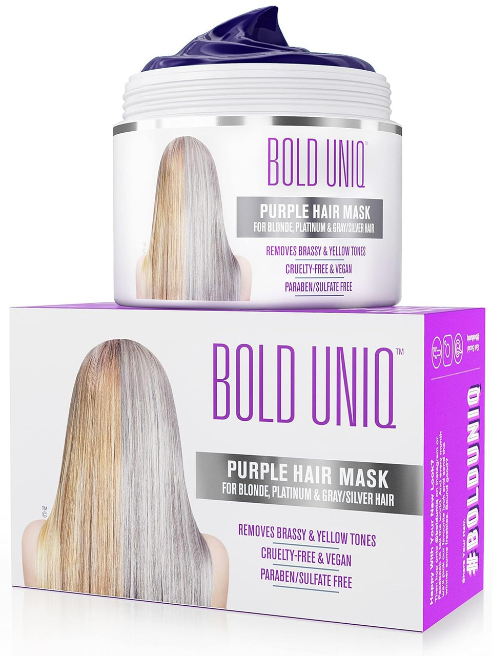 Bold Uniq Purple Hair Mask - Toner For Blonde, Platinum, Bleached, Silver, Gray, Ash & Brassy Hair - Remove Yellow Tones & Condition Dry, Damaged Hair - Cruelty Free & Vegan - 6.76Oz