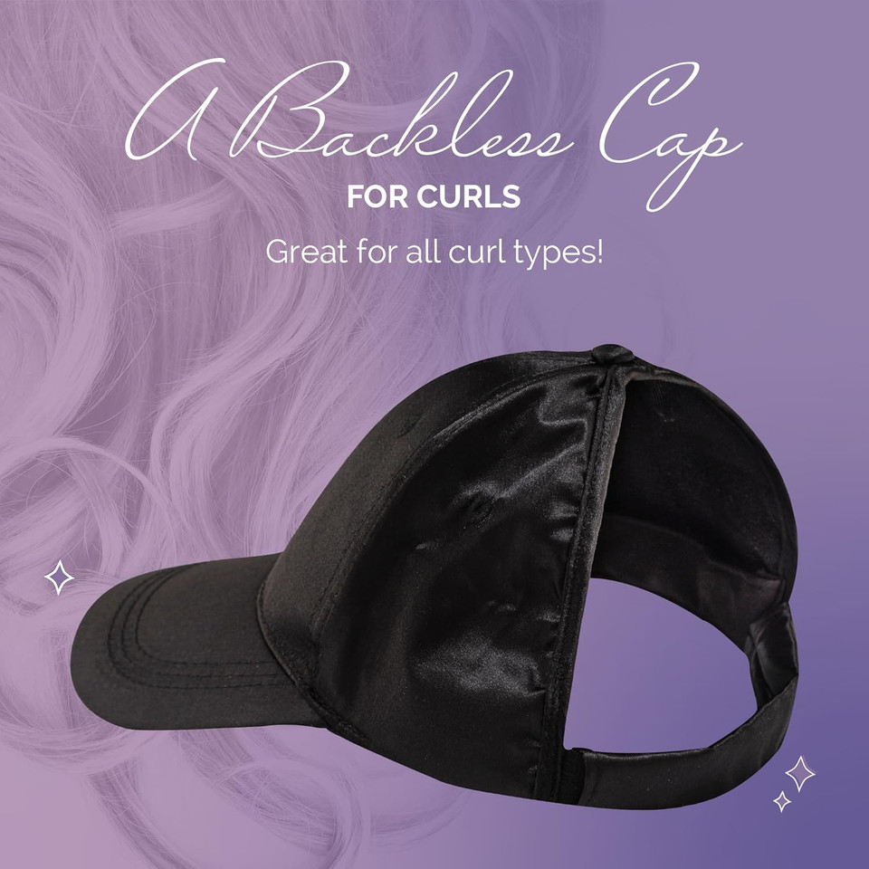 Curl Keeper Badazz Backless Curl Cap, Satin Black - Open-Back Ponytail Hat Designed For Curly Hair - Flexible Cap Perfect For Natural Curly Hair, Messy Buns & Ponytails