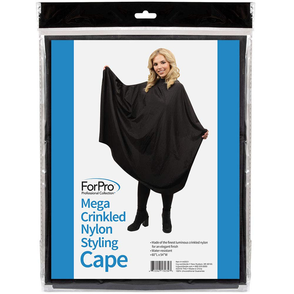 Forpro Professional Collection Mega Crinkled Nylon Styling Cape, Black, Professional Hair Salon Cape, 54 W X 60