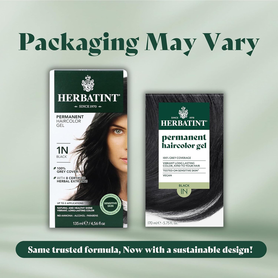Herbatint Permanent Hair Dye For Women - 1N Black - For Up To 100% Gray Coverage - Ammonia-Free, Alcohol-Free & Vegan - Salon Influenced Hair Color 5.75 Fl Oz