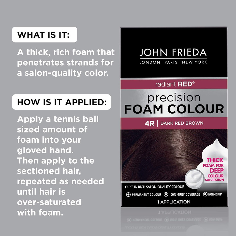 John Frieda Precision Foam Colour, Dark Red Brown 4R, Full-Coverage Hair Color Kit, Anti-Fade Gray Coverage, Deep Color Saturation Hair Dye, 1 Application