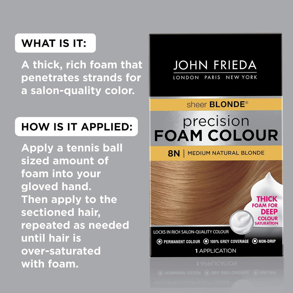 John Frieda Precision Foam Colour, Medium Natural Blonde 8N, Full-Coverage Hair Color Kit, Anti-Fade Gray Coverage, Deep Color Saturation Hair Dye, 1 Application