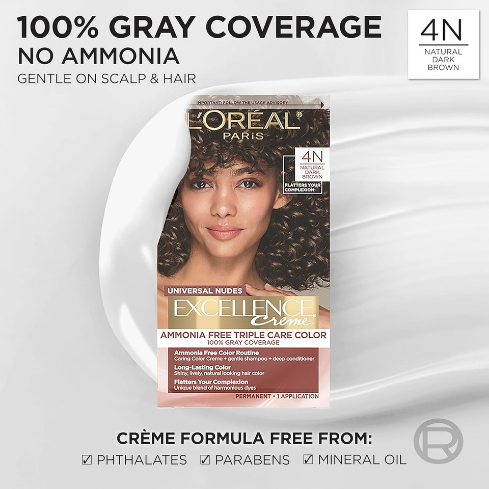 LOreal Paris Excellence Universal Nudes Permanent Hair Color, Ammonia Free Hair Dye For Gray Hair Coverage, 4N Natural Dark Brown, 1 Hair Dye Kit
