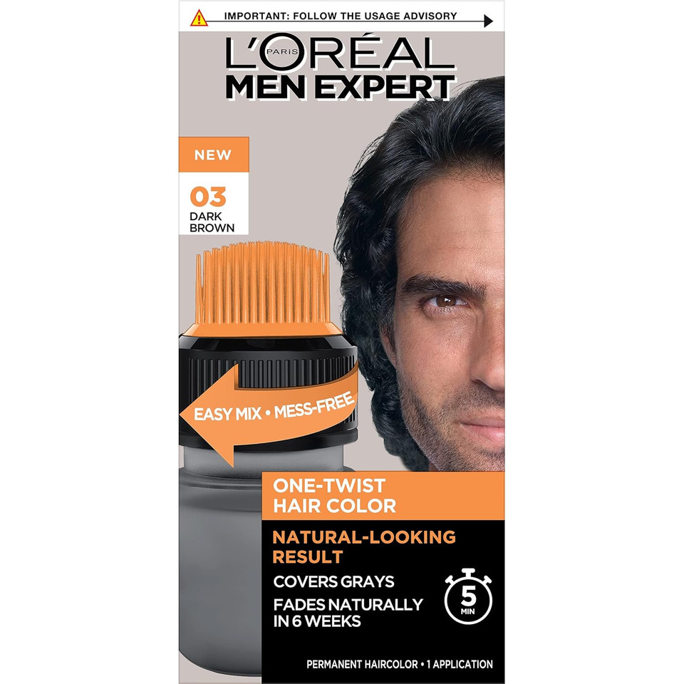 LOreal Paris Men Expert One Twist Mess Free Permanent Hair Color, Mens Hair Dye To Cover Grays, Easy Mix Ammonia Free Application, Dark Brown 03, 1 Application Kit