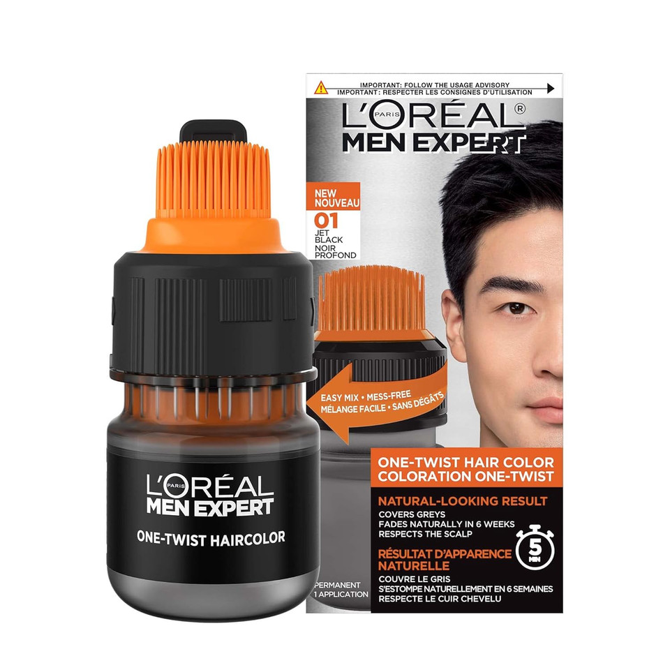 LOreal Paris Men Expert One Twist Mess Free Permanent Hair Color, Mens Hair Dye To Cover Grays, Easy Mix Ammonia Free Application, Jet Black 01, 1 Application Kit