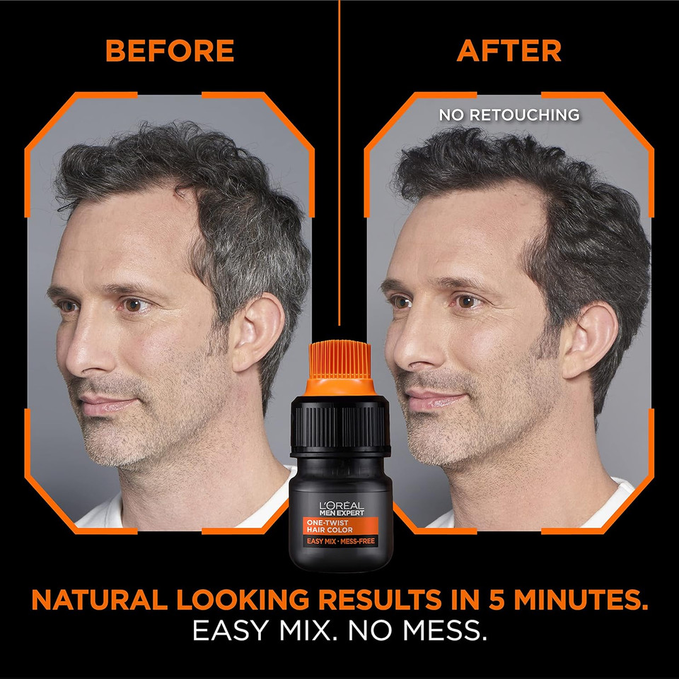 LOreal Paris Men Expert One Twist Mess Free Permanent Hair Color, Mens Hair Dye To Cover Grays, Easy Mix Ammonia Free Application, Light Medium Brown 05, 1 Application Kit