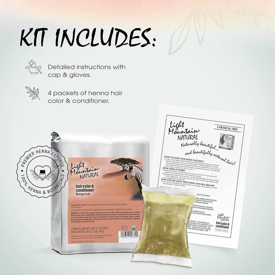 Light Mountain Henna Hair Color & Conditioner - Burgundy Hair Dye For Men/Women, Organic Henna Leaf Powder, Chemical-Free, Semi-Permanent Hair Color, 16 Oz Light Mountain Henna Hair Color & Conditioner - Burgundy Hair Dye For Men/Women, Organic Henna Leaf Powder, Chemical-Free, Semi-Permanent Hair Color, 16 Oz