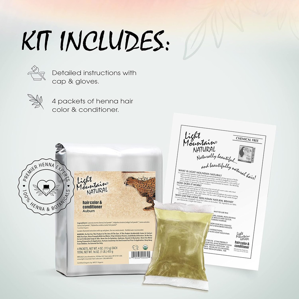 Light Mountain Henna Hair Color & Conditioner  Red Hair Dye, Organic Henna Leaf Powder And Botanicals, Chemical-Free, Semi-Permanent Hair Color + 4 Hair Clips