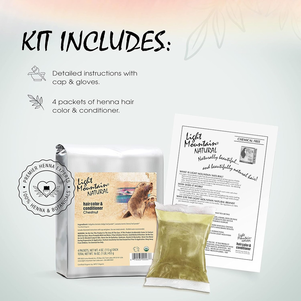 Light Mountain Henna Hair Color & Conditioner, Chestnut, Organic Henna Leaf Powder, Chemical-Free Semi-Permanent Hair Dye For Men & Women, 16 Oz Light Mountain Henna Hair Color & Conditioner, Chestnut, Organic Henna Leaf Powder, Chemical-Free Semi-Permanent Hair Dye For Men & Women, 16 Oz