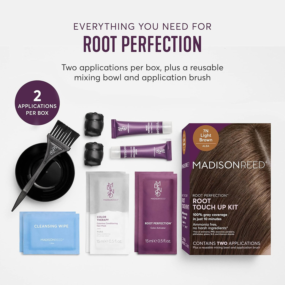 Madison Reed Root Perfection Permanent Root Touch Up, Light Brown 7N Alba, 10 Minutes For 100% Gray Root Coverage, Ammonia-Free Hair Dye, Two Applications