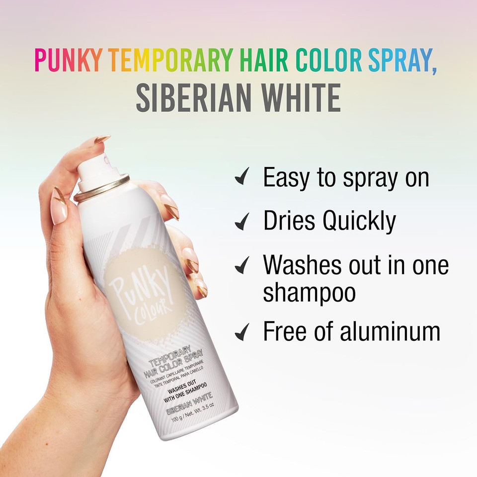 Punky Temporary Hair Color Spray, Siberian White, Fast-Drying, Non-Sticky, Non-Damaging, Travel Size Hair Dye For Instant Vivid Hair Color, 3.5 Oz