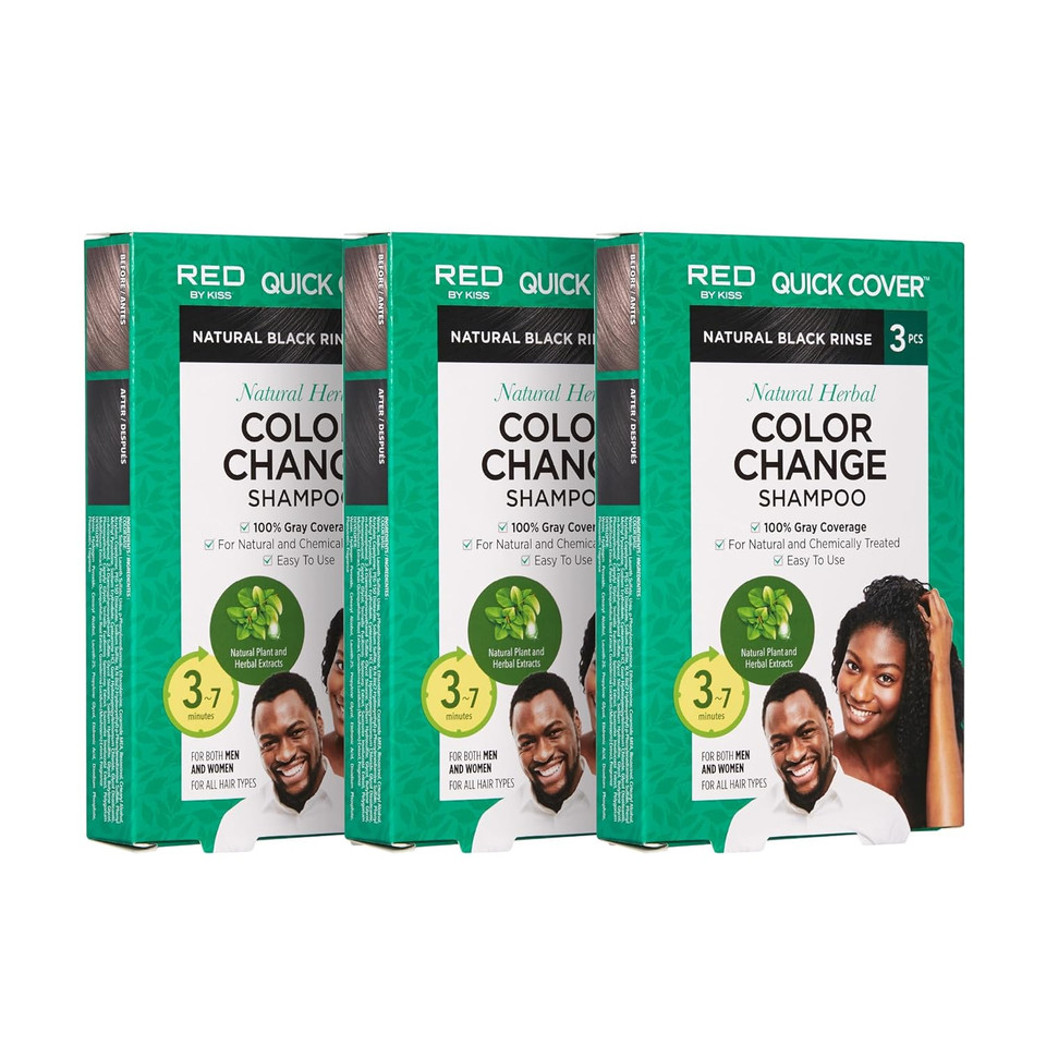 Red By Kiss Color Change Shampoo  Permanent Hair Color With 100% Gray Coverage, Quick 7-10 Minute Formula, No Tools Needed, Herbal Extracts, Includes 3 Shampoo Pouches (Medium Brown)
