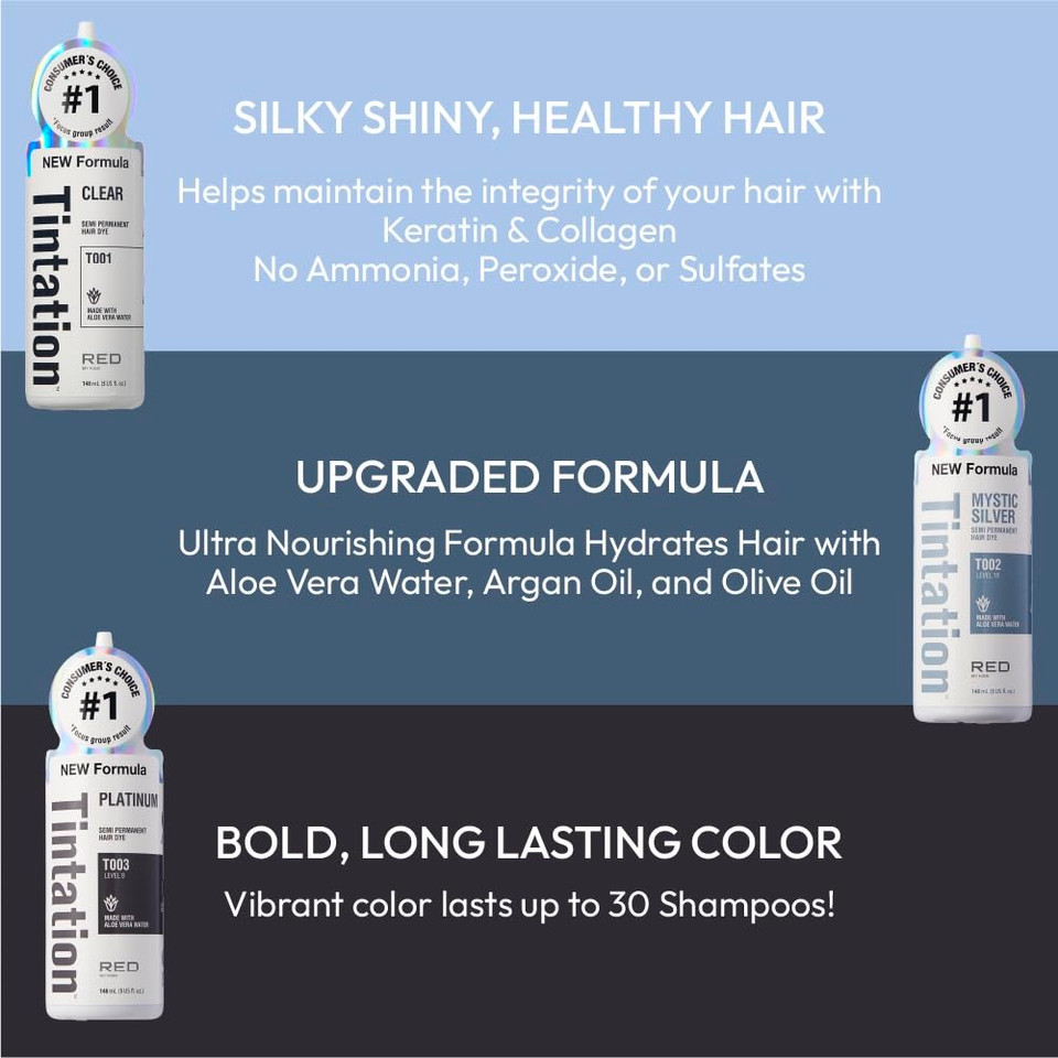 Red By Kiss Tintation Semi-Permanent Hair Color, Aloe Vera Water Based, Argan Oil, Olive Oil, Collagen & Keratin, Long-Lasting Color Dye (Platinum, 2 Pk, 5 Fl Oz)
