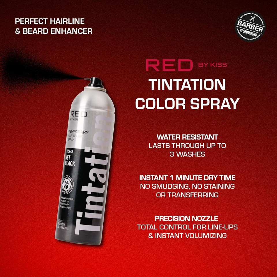 Red By Kiss Tintation Temporary Hair Color Spray, Extra Large Size, Instant Gray Root Cover Up, Water-Resistant, Smudge-Proof, Hairline & Barber Touch-Up, Quick Dry (Jet Black, 11.5 Oz)