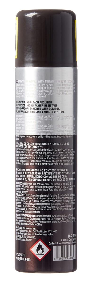 Red By Kiss Tintation Temporary Hair Color Spray, Instant Gray Root Touch Up Coverage, Water-Resistant & Smudge-Proof, Easy Wash Out, Barber & Hairline Touch-Up, Quick-Dry (Darkest Brown, 6 Oz)
