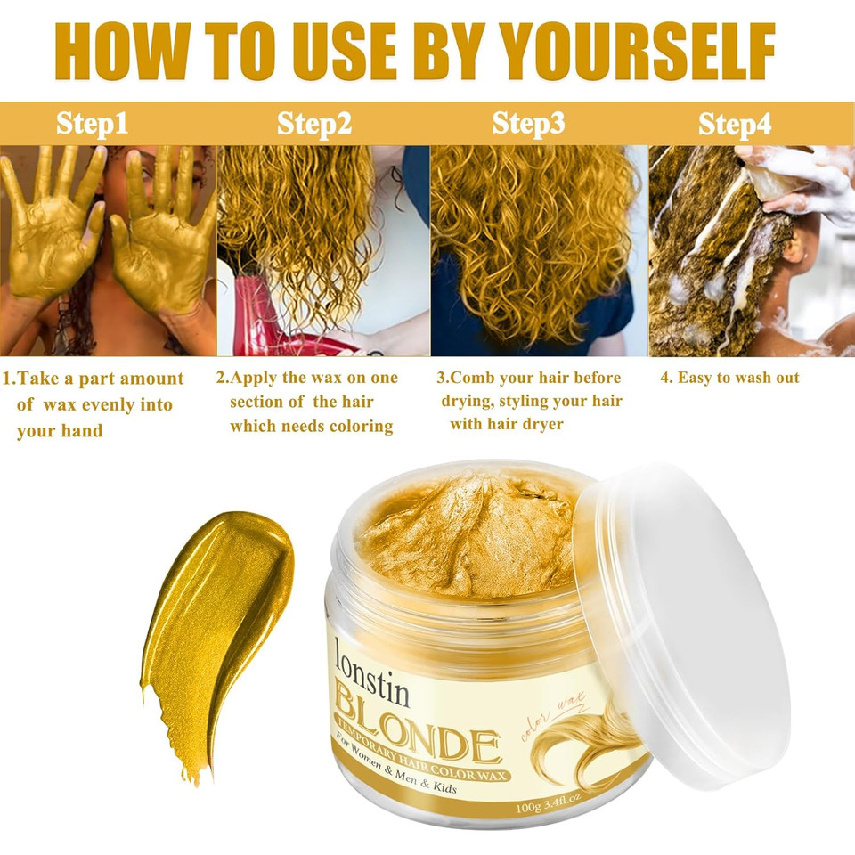 Temporary Hair Color For Kids Blue, Lonstin Denim Blue Hair Dye Kids Hair Gel Washable Hair Wax Color Paint Wax For Women Men Dark Hair Halloween Christmas Party Girls Birthday (Blonde, Blonde)