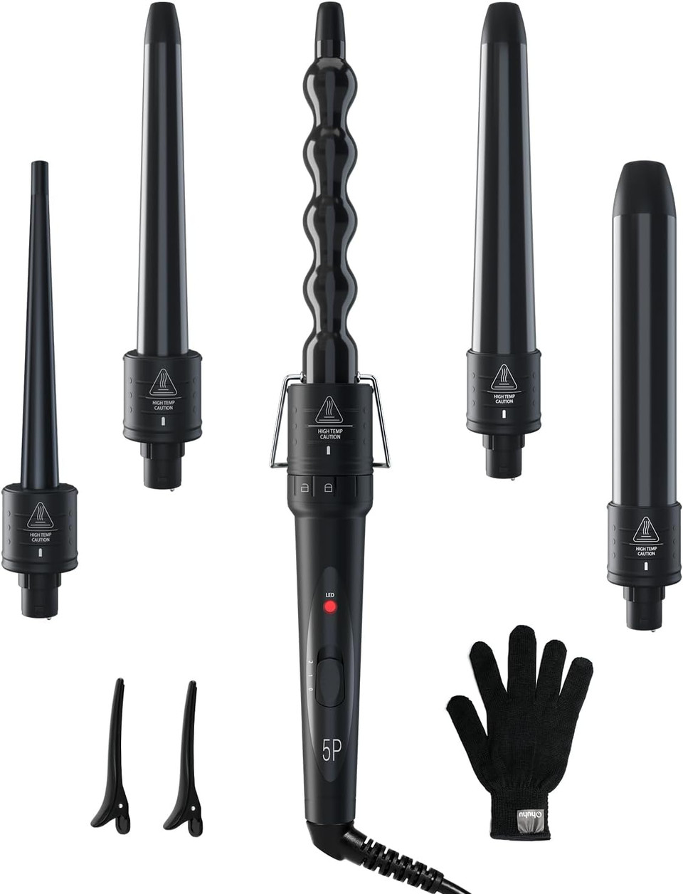 5 In 1 Curling Wand Set: Ohuhu Curling Iron Wand 5Pcs 0.35 To 1.25 Inch Interchangeable Ceramic Barrel Heat Protective Glove 2 Clips Dual Voltage Hair Curler For Girls Women Mother Gift Black