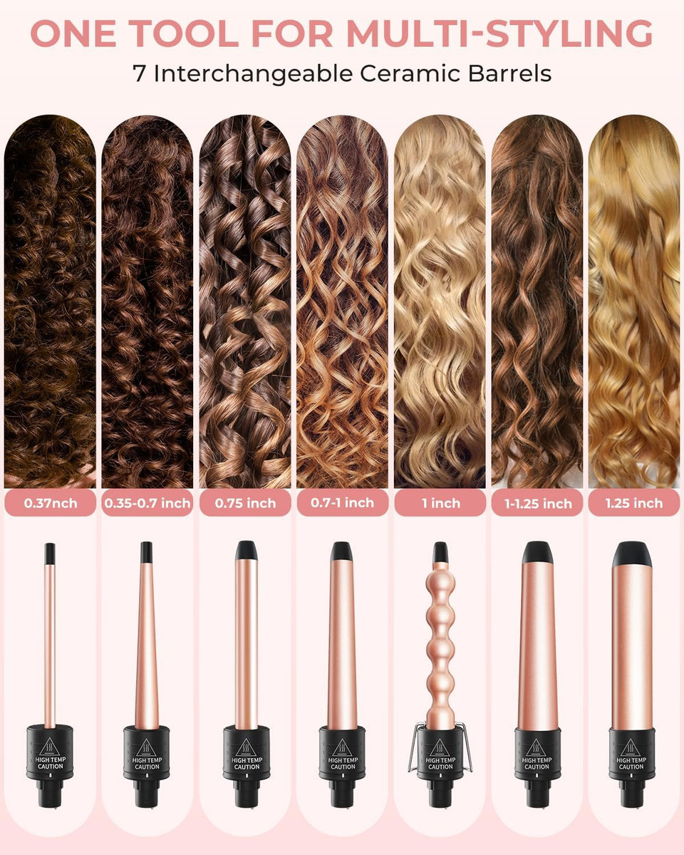 7 In 1 Curling Wand Set: Ohuhu Curling Iron Wand 7Pcs 0.35 To 1.25 Inch Interchangeable Ceramic Barrel Heat Protective Glove 2 Clips Dual Voltage Hair Curler For Girl Women Mother Gift Rose Gold