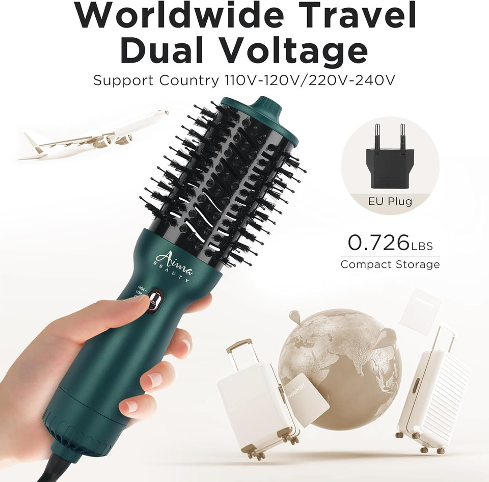 Aima Beauty Hair Dryer Brush Dual Voltage Worldwide Travel Blow Dryer Brush Hot Air Brush Oval Barrel 110-120V/220-240V 360°Airflow,Negative Ionic Frizz-Free Dry/Straightening/Voluming, Dark Green Aima Beauty Hair Dryer Brush Dual Voltage Worldwide Travel Blow Dryer Brush Hot Air Brush Oval Barrel 110-120V/220-240V 360°Airflow,Negative Ionic Frizz-Free Dry/Straightening/Voluming, Dark Green