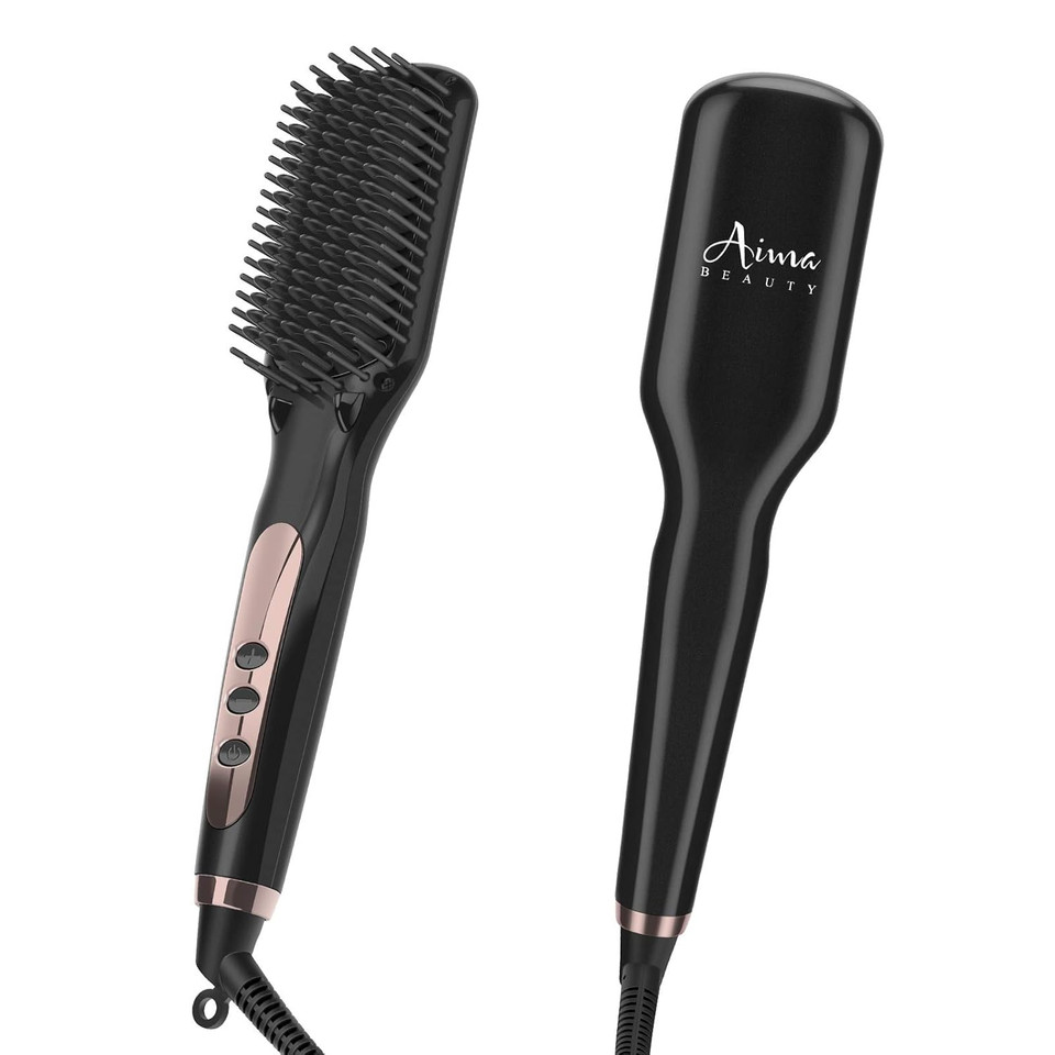 Aima Beauty Hair Straightener Brush, Enhanced 2-In-1 Straightening Brush, Advanced Ionic, Quick Heating With Anti-Scald, Black