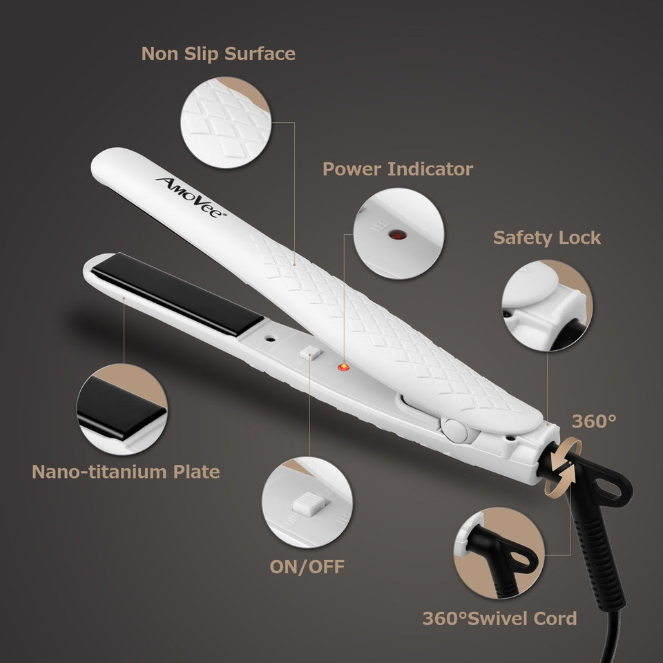 Amovee Mini Portable Flat Iron, Ceramic Tourmaline Dual Voltage Travel Hair Straightener, Small Flat Irons For Short Hair, White