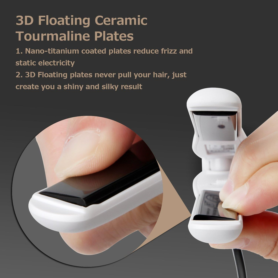 Amovee Mini Portable Flat Iron, Ceramic Tourmaline Dual Voltage Travel Hair Straightener, Small Flat Irons For Short Hair, White