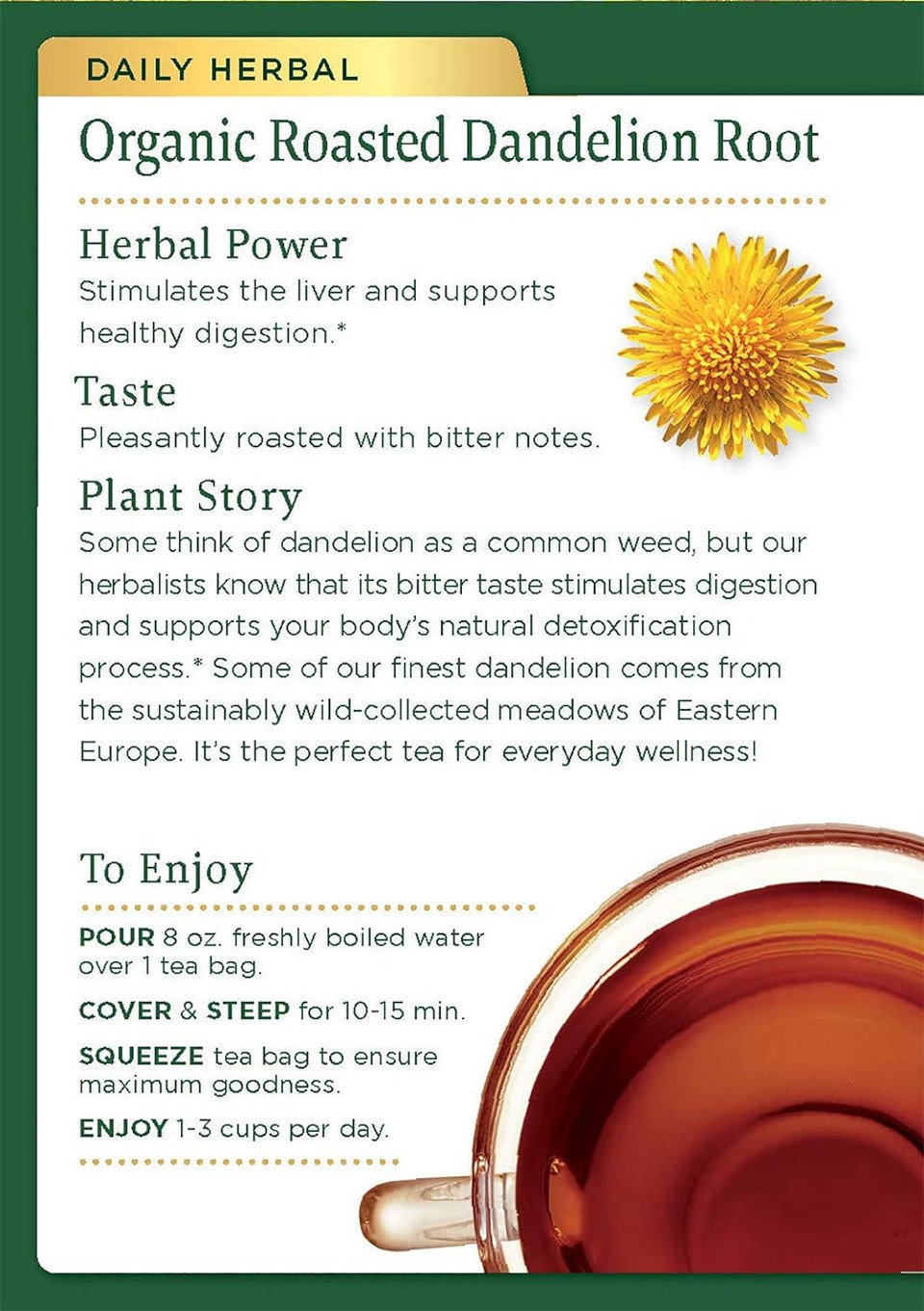 Traditional Medicinals Tea, Organic Roasted Dandelion Root, Supports Kidney Function & Healthy Digestion,16 Count(Pack Of 6)