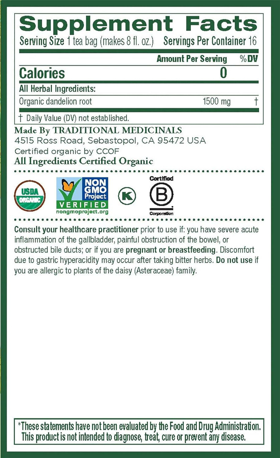 Traditional Medicinals Tea, Organic Roasted Dandelion Root, Supports Kidney Function & Healthy Digestion,16 Count(Pack Of 6)
