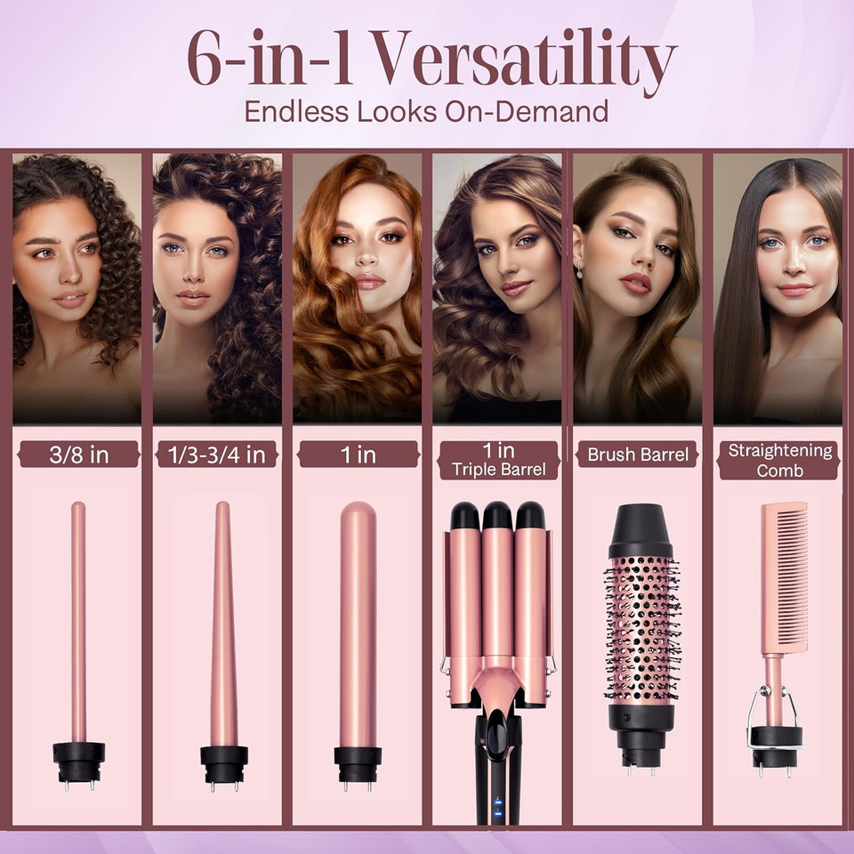 Asani Curling Iron Wand Set 6-In-1 - Beachwaver Hair Curler With 3 Barrel Hair Crimper, Tapered, Spiral Curling Iron - Fast Heating Travel Hot Styling Tools For Women With Dual Voltage (110-240V Ac)