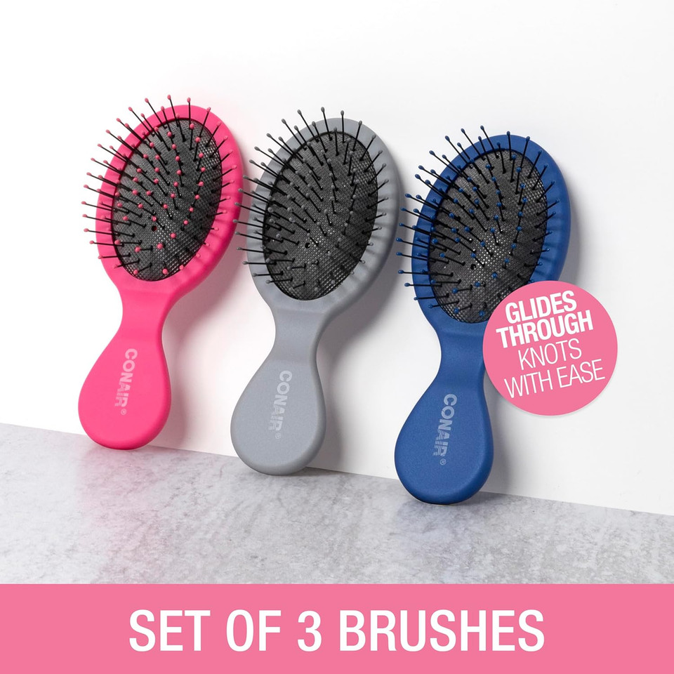 Conair Detangling Hair Brush 3Pk - For Wet And Dry Hair - Curly Hair Brush - Hair Brushes For Women - Detangler Brush - Hair Brushes For Women - Evergreen, Blush Pink, Black Assorted