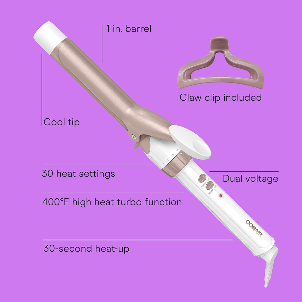 Conair Double Ceramic 1-Inch Curling Iron With Claw Clip, 1-Inch Barrel Creates Classic Curls, Hair Curler For Use On Short, Medium, And Long Hair, White/Rose Gold