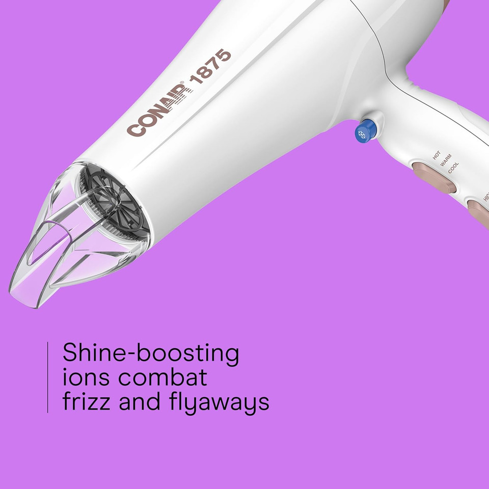 Conair Double Ceramic Hair Dryer, 1875W Blow Dryer With Diffuser And Concentrator, Ionic Conditioning, 3 Heat & 2 Speed Settings, Amazon Exclusive, White