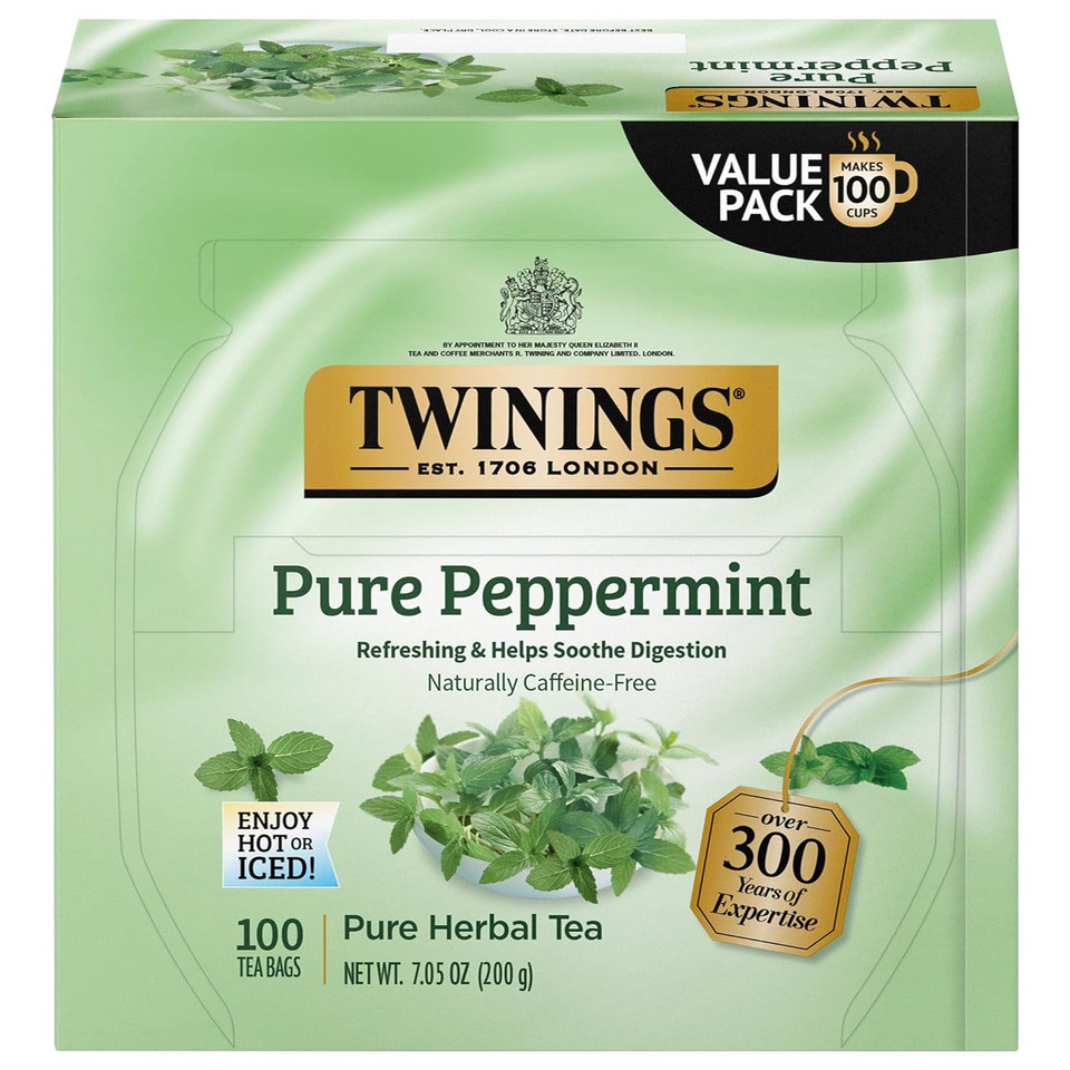 Twinings Pure Peppermint, 100 Individually Wrapped Tea Bags, Fresh Minty Flavour, Naturally Caffeine Free, 100 Count (Pack Of 1)100 Count (Pack Of 1)