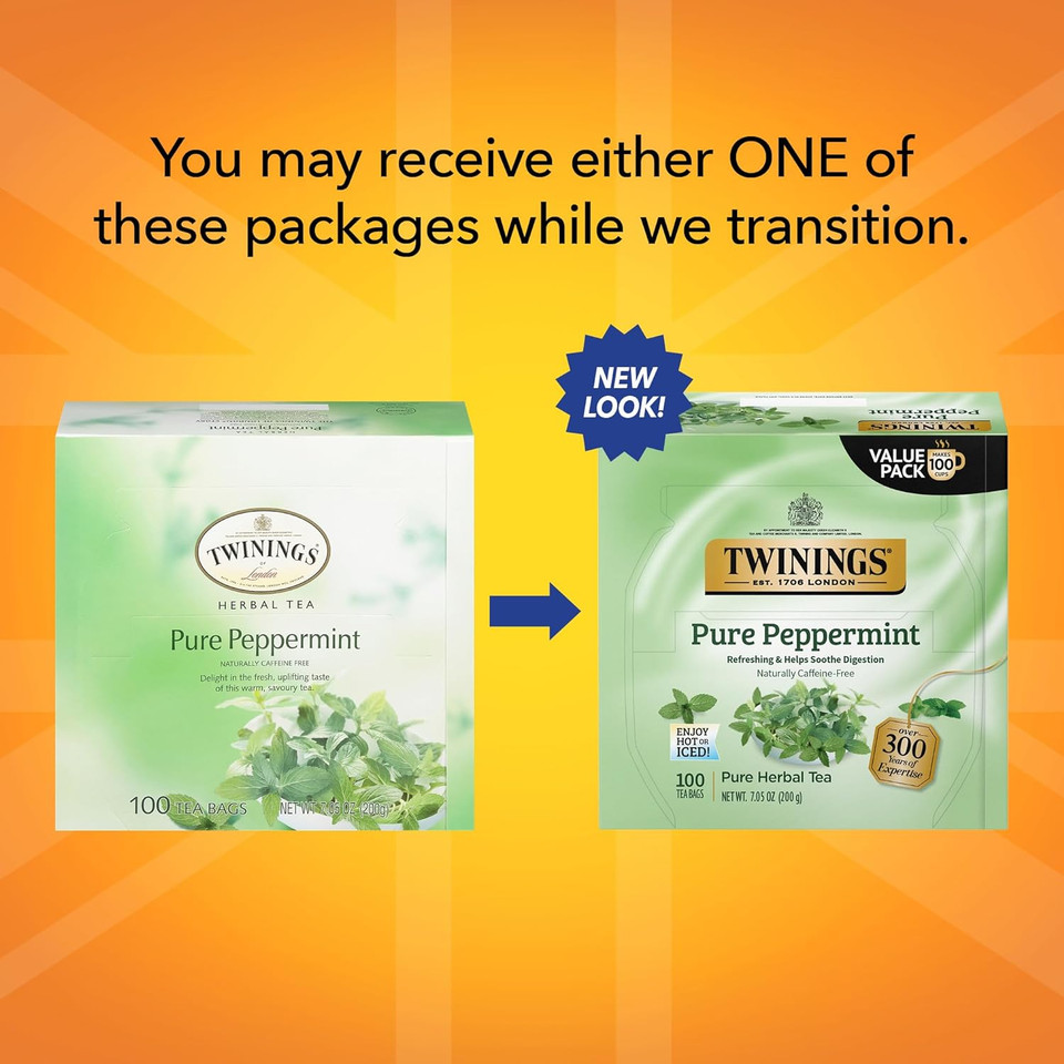 Twinings Pure Peppermint, 100 Individually Wrapped Tea Bags, Fresh Minty Flavour, Naturally Caffeine Free, 100 Count (Pack Of 1)100 Count (Pack Of 1)