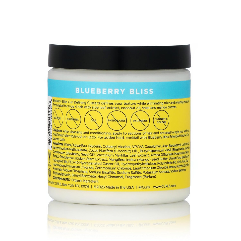 Curls Blueberry Bliss Defining Custard - 8 Oz, Cream For Frizz Control & Humidity Protection, Enriched With Aloe Leaf Extract, Coconut Oil, Shea Butter & Mango Seed Butter, Type 4 Coils