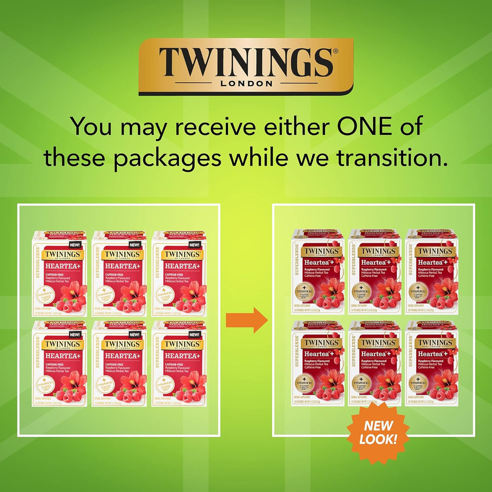 Twinings Superblends Heartea + Vitamin B1, Raspberry Flavoured Hibiscus Herbal Tea, Caffeine-Free, 16 Tea Bags (Pack Of 6)16 Count (Pack Of 6)