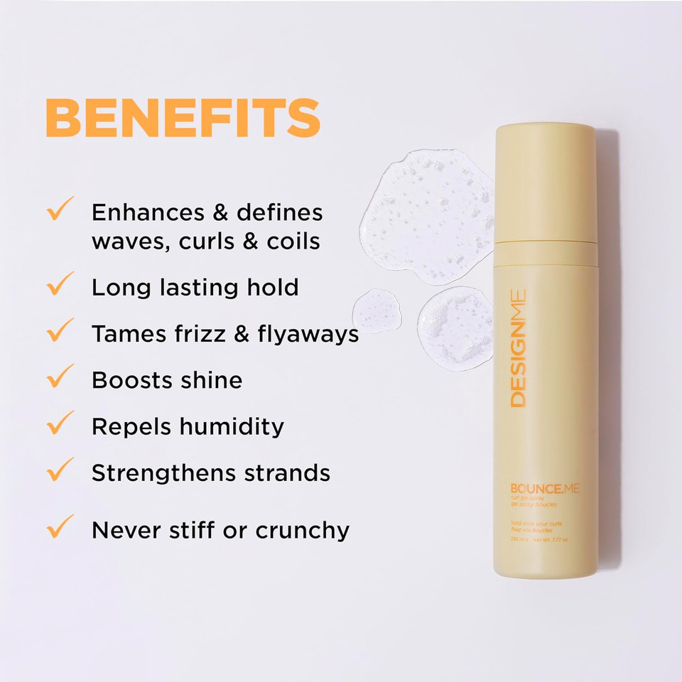 Design.Me Bounce.Me Curling Gel Spray | Frizz-Free Curl Defining Gel - Refresh Curls, Waves, Coils | Non-Crunchy, Non-Sticky Formula - Climate Control Styling, 7.77Oz