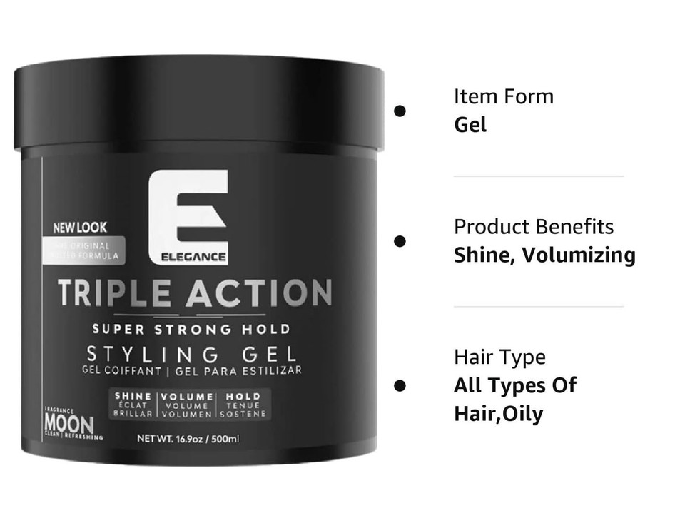E Elegance Earth Fragrance Triple Action Hair Gel For Men And Women - Super Strong Hold, Extreme Volume, And Long Lasting Shine - Flake Free And Refreshing Fragrance - All Hair Types, 33.8 Oz