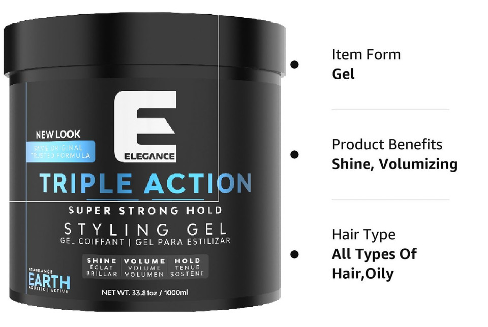 E Elegance Earth Fragrance Triple Action Hair Gel For Men And Women - Super Strong Hold, Extreme Volume, And Long Lasting Shine - Flake Free And Refreshing Fragrance - All Hair Types, 8.45Oz