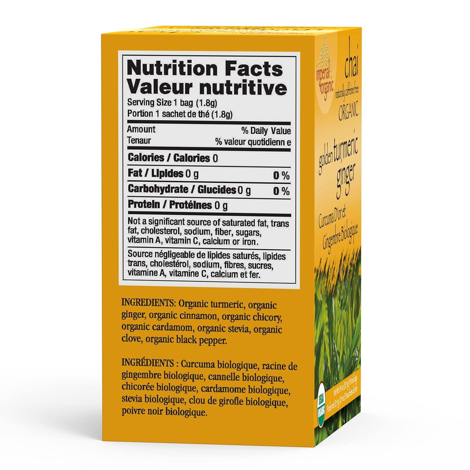 Uncle Leeã¢ÂS Imperial Organic Chai Tea, Naturally Caffeine Free Golden Turmeric Ginger Tea, Organic Cinnamon, Chicory, Cardamom, Stevia, Clove & Black Pepper, 4 Pack Of 18 Tea Bags Per Box