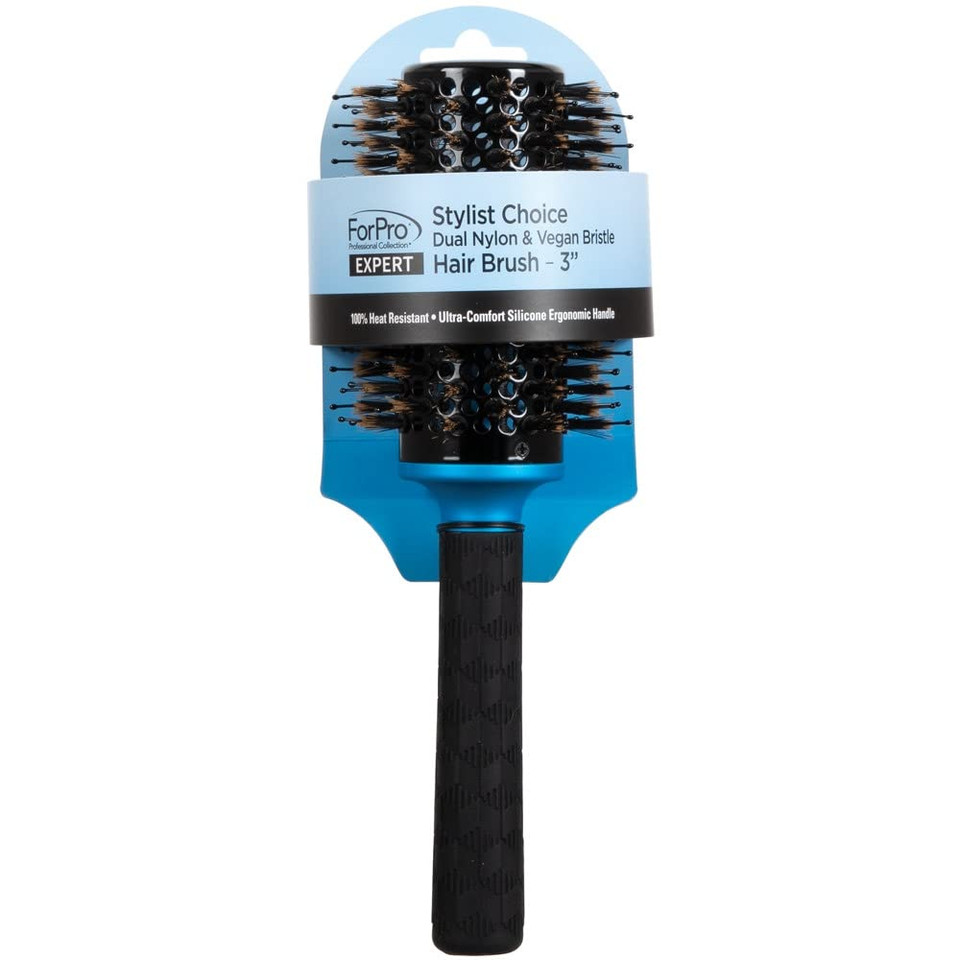 Forpro Professional Collection Expert Stylist Choice Dual Nylon & Vegan Bristle Hair Brush, 100% Heat Resistant, Silicone Ergonomic Handle, 3" Round Brush, Matte Blue