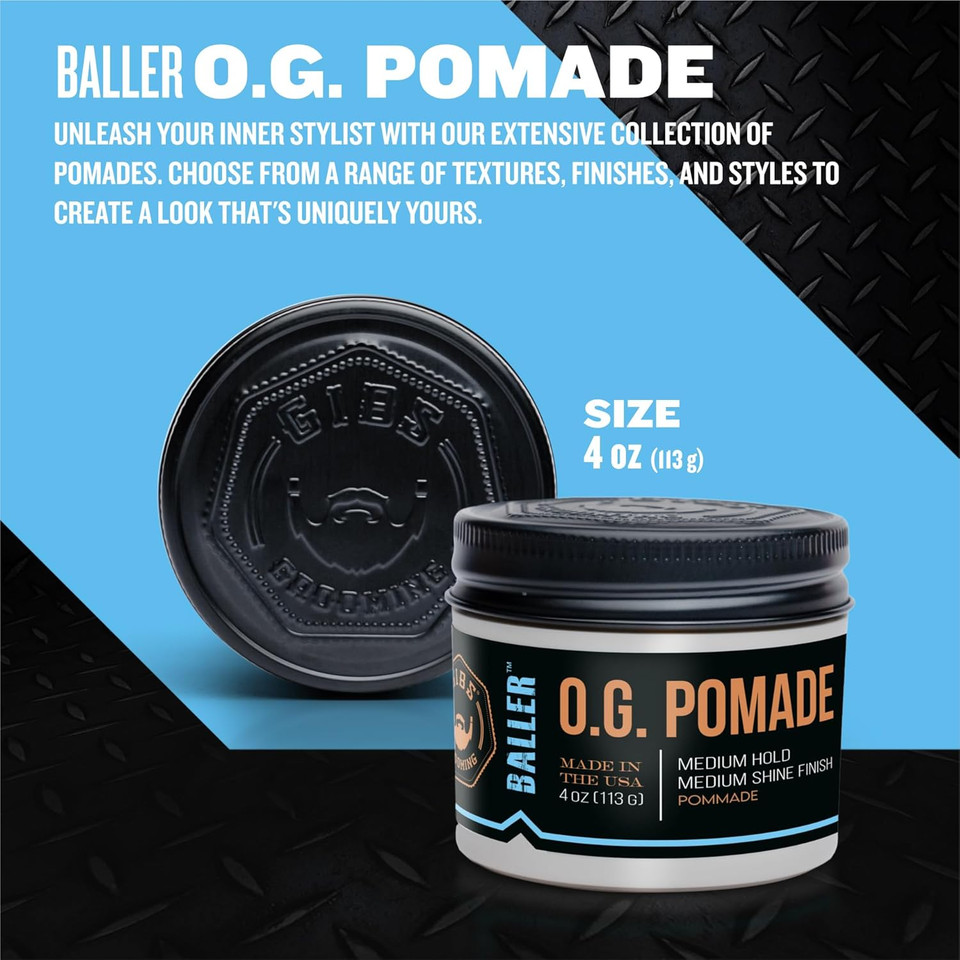Gibs O.G. Baller Pomade, Flexible Hold And Medium Shine. Water Based, Great For All Styles And Textures