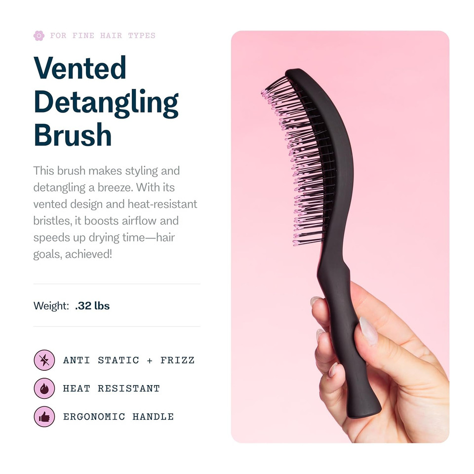 Gimme Beauty Vented Detangling Brush - Quick-Dry, Heat-Resistant Wet Brush For Thick Or Thin Locks - Supports Healthy Hair - Flexible Curved Design For Fine Locks - Medium Hair