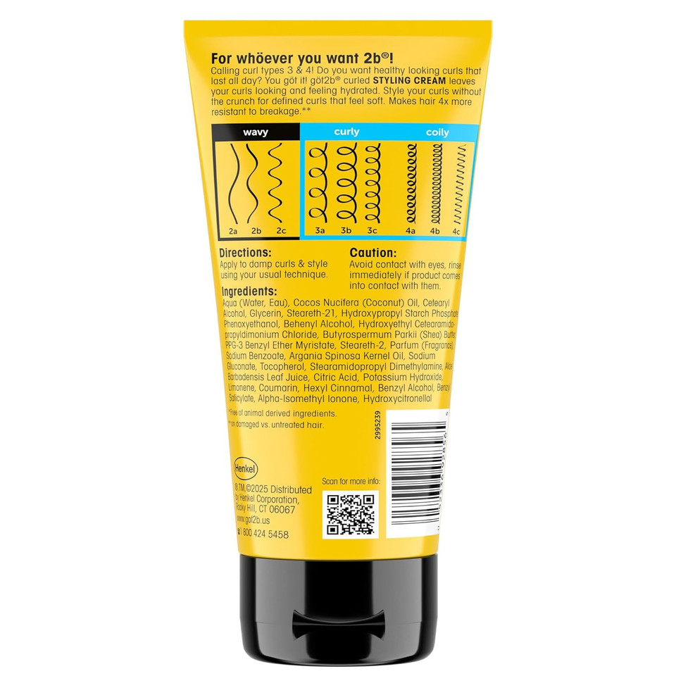 Göt2B Curled Styling Cream, 6Oz, For Type 3-4, Curly & Coily Hair, Good For Curls That Crave Intense Moisture, Tames Frizz, Soft Feel