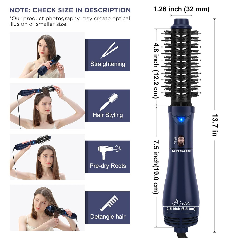 Hair Dryer Brush, Aima Beauty 4-In-1 Upgrade Hot Air Straightener Curler Function For Women, Hair Styling Tools, Prussian Blue-Round