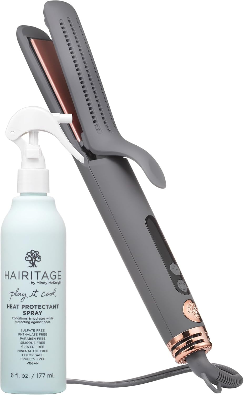 Hairitage Ceramic Tourmaline 2In1 Flat Iron Hair Straightener Curling Iron - 1 1/4 Inch - Airflow Styler + Heat Protectant Spray - Curved Edges - Curling + Straightening - 420 Degree Heat Protection