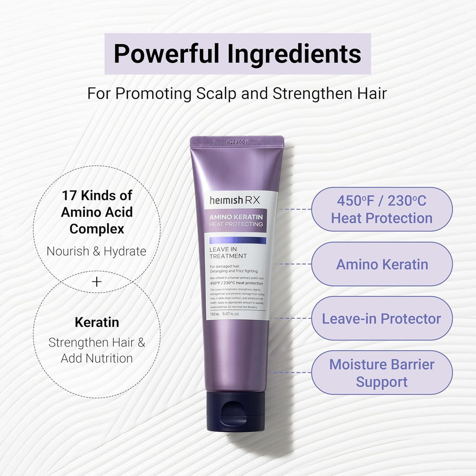 Heimish Rx Amino Keratin Heat Protecting Leave In Treatment - Heat Protectant Cream, Leave-In Styling Hair Cream Treatment For Damaged Hair, Strengthening, Frizz Control, 150Ml (5.07 Fl. Oz)