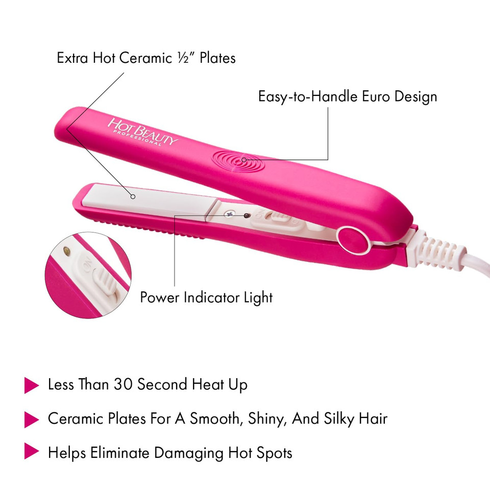Professional Ceramic Mini Flat Iron 1/2", Anti-Frizz, Fast Heating, Versatile Styling For Curly & Straight Hair, Ideal For Traveling With Travel Pouch (Pink)