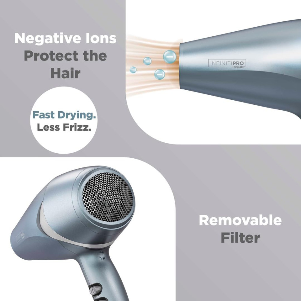 Infinitipro By Conair Hair Dryer With Diffuser, Quick Style & Shine Blow Dryer, Frizz-Free Hair, Blue