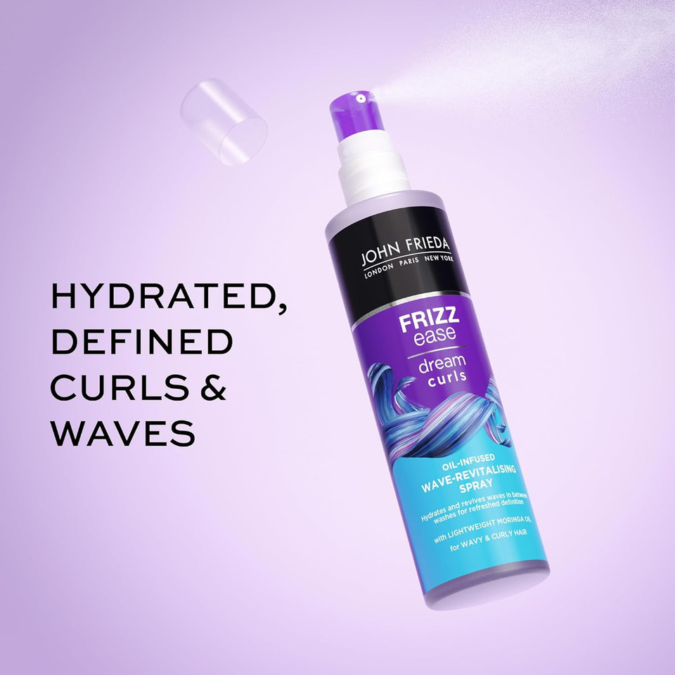 John Frieda Dream Curls Wave Revitalizing Spray, Light Moringa Oil Spray For Wavy Hair, Curly Girl Method Approved, Anti Frizz Curl Defining Spray, 5 Oz